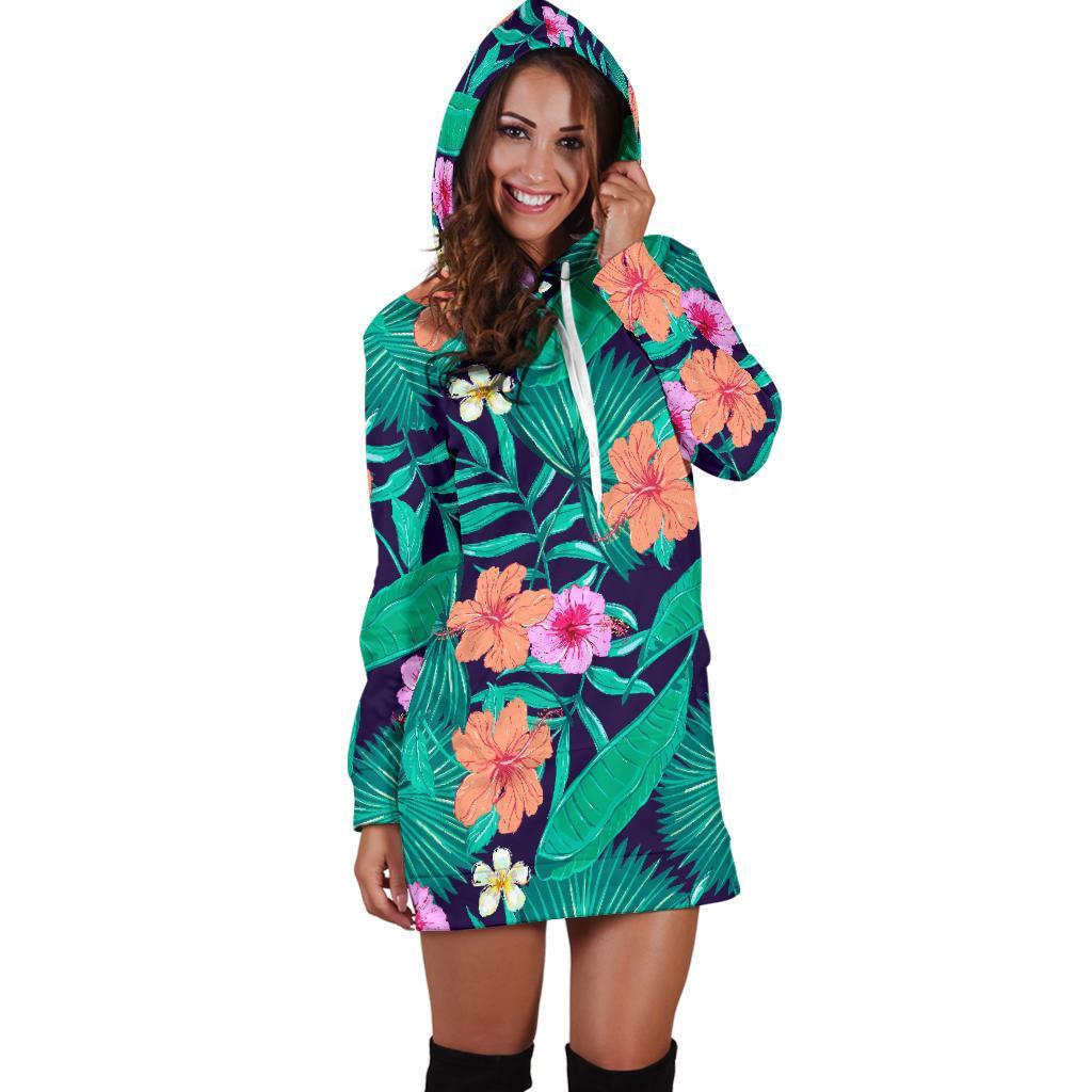 Teal Hawaiian Leaf Flower Pattern Print Hoodie Dress GearFrost