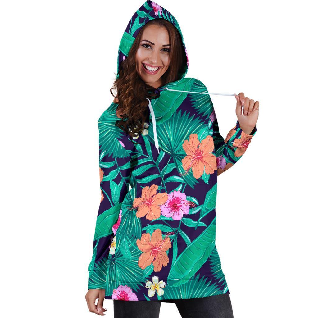 Teal Hawaiian Leaf Flower Pattern Print Hoodie Dress GearFrost
