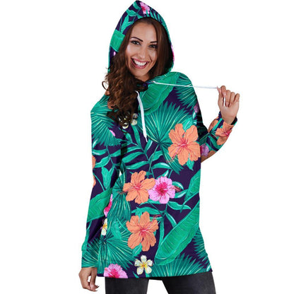 Teal Hawaiian Leaf Flower Pattern Print Hoodie Dress GearFrost