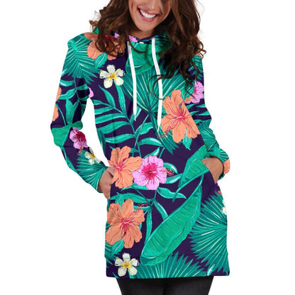 Teal Hawaiian Leaf Flower Pattern Print Hoodie Dress GearFrost