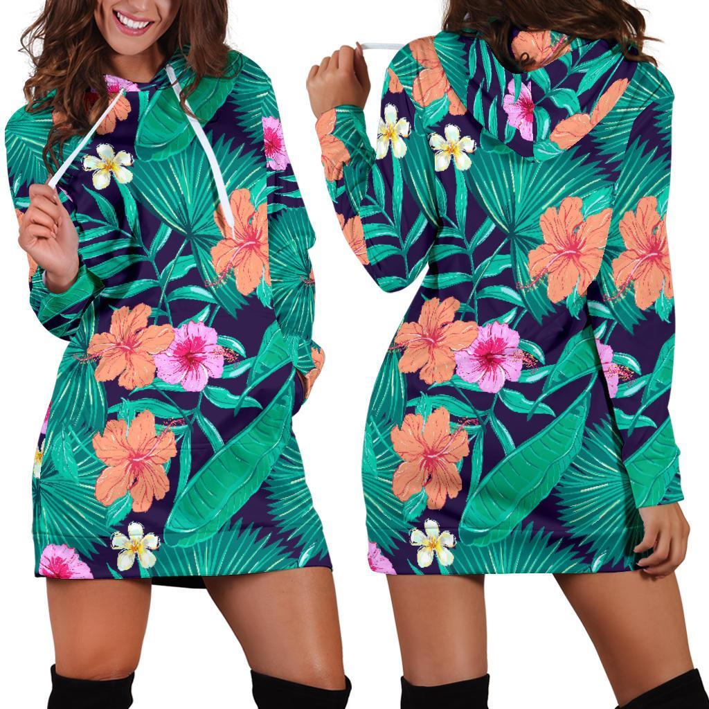 Teal Hawaiian Leaf Flower Pattern Print Hoodie Dress GearFrost
