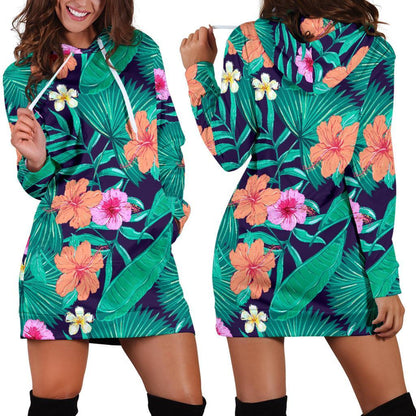 Teal Hawaiian Leaf Flower Pattern Print Hoodie Dress GearFrost