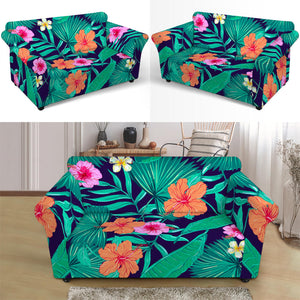Teal Hawaiian Leaf Flower Pattern Print Loveseat Slipcover