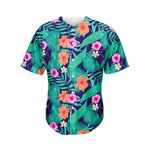 Teal Hawaiian Leaf Flower Pattern Print Men's Baseball Jersey