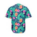 Teal Hawaiian Leaf Flower Pattern Print Men's Baseball Jersey