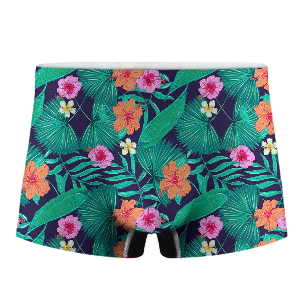 Teal Hawaiian Leaf Flower Pattern Print Men's Boxer Briefs