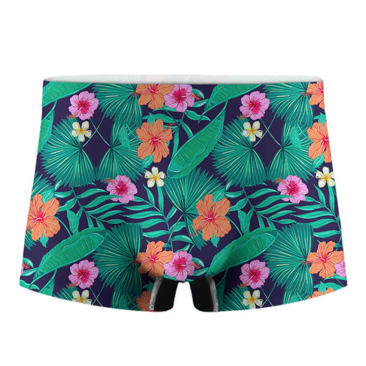 Teal Hawaiian Leaf Flower Pattern Print Men's Boxer Briefs