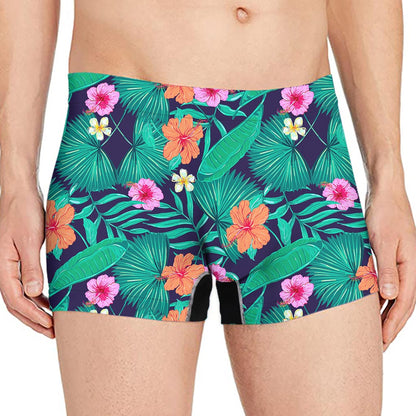 Teal Hawaiian Leaf Flower Pattern Print Men's Boxer Briefs