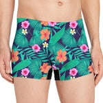 Teal Hawaiian Leaf Flower Pattern Print Men's Boxer Briefs