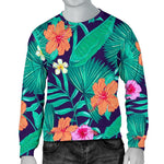 Teal Hawaiian Leaf Flower Pattern Print Men's Crewneck Sweatshirt GearFrost