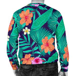 Teal Hawaiian Leaf Flower Pattern Print Men's Crewneck Sweatshirt GearFrost