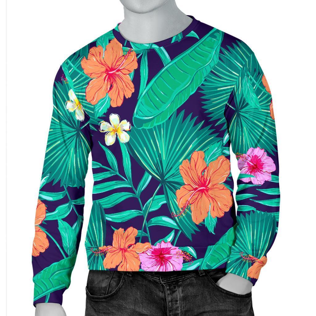Teal Hawaiian Leaf Flower Pattern Print Men's Crewneck Sweatshirt GearFrost