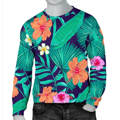 Teal Hawaiian Leaf Flower Pattern Print Men's Crewneck Sweatshirt GearFrost