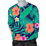 Teal Hawaiian Leaf Flower Pattern Print Men's Crewneck Sweatshirt GearFrost