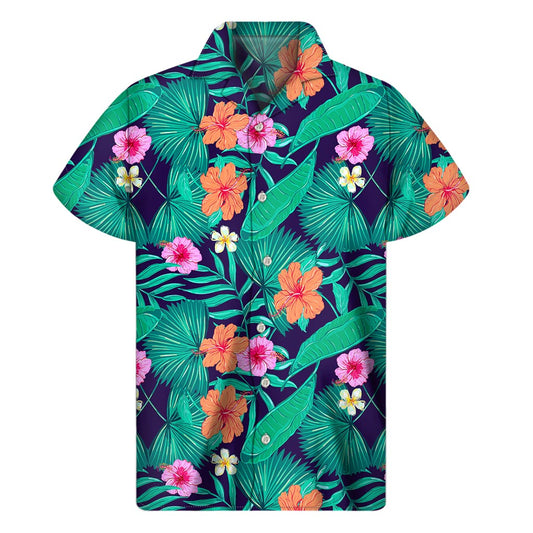 Teal Hawaiian Leaf Flower Pattern Print Men's Short Sleeve Shirt