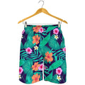 Teal Hawaiian Leaf Flower Pattern Print Men's Shorts