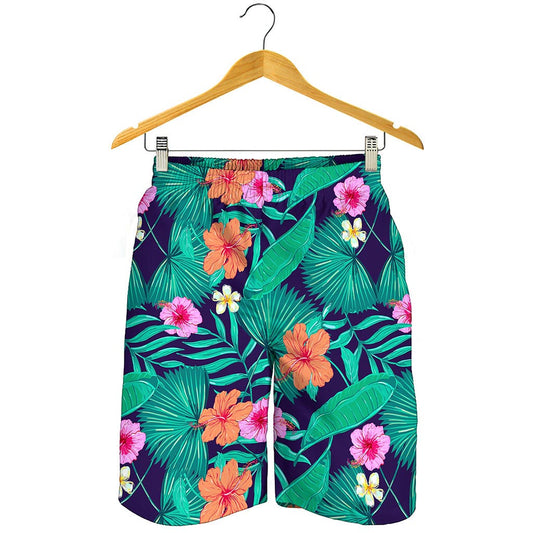 Teal Hawaiian Leaf Flower Pattern Print Men's Shorts