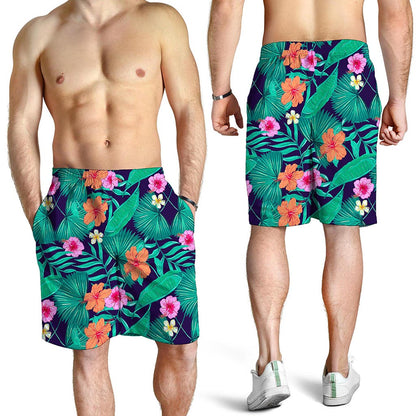 Teal Hawaiian Leaf Flower Pattern Print Men's Shorts