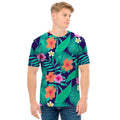 Teal Hawaiian Leaf Flower Pattern Print Men's T-Shirt