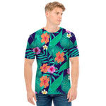 Teal Hawaiian Leaf Flower Pattern Print Men's T-Shirt