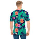 Teal Hawaiian Leaf Flower Pattern Print Men's T-Shirt