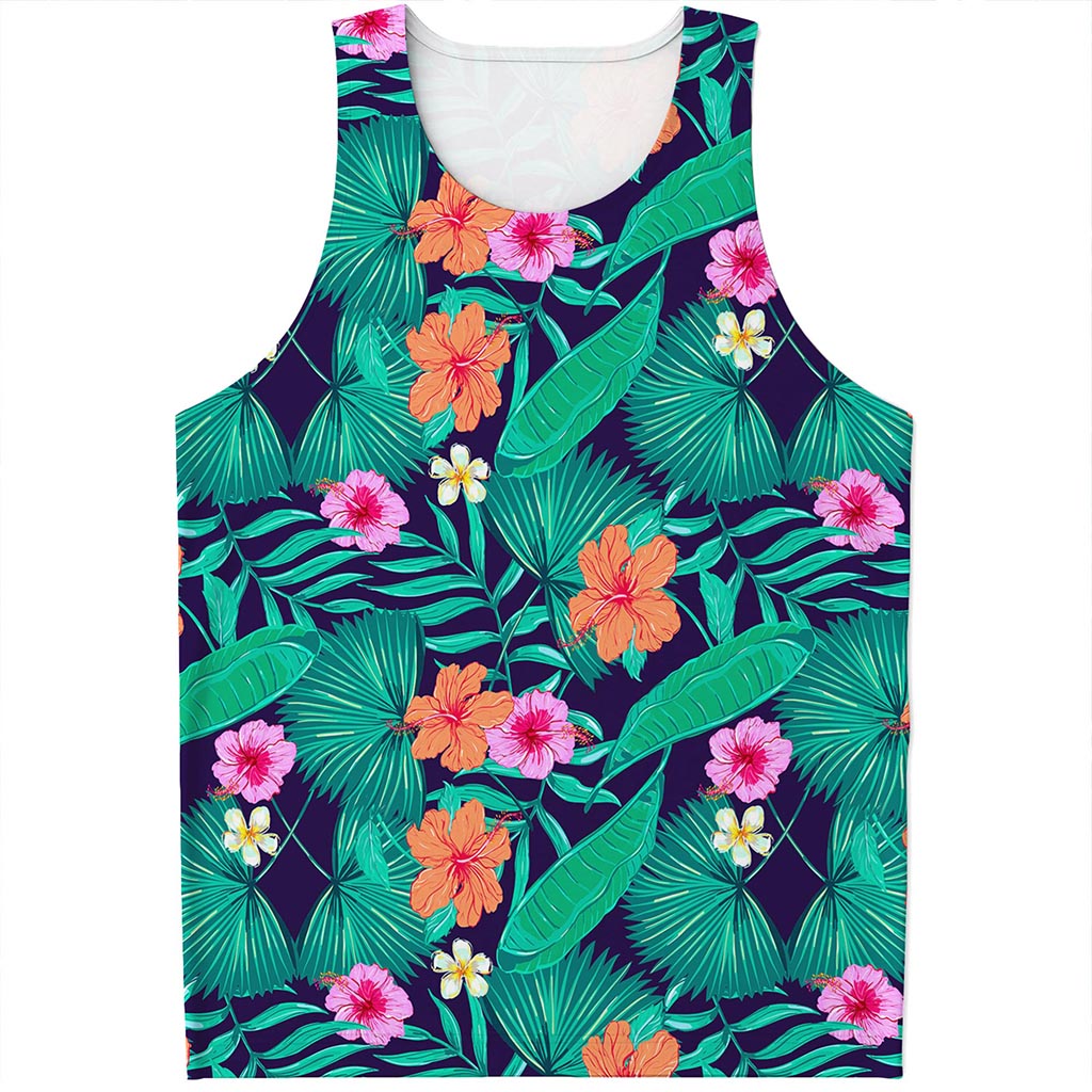 Teal Hawaiian Leaf Flower Pattern Print Men's Tank Top