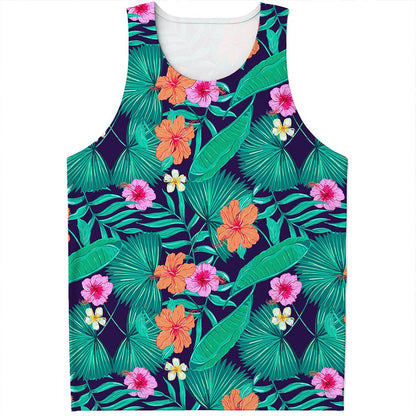 Teal Hawaiian Leaf Flower Pattern Print Men's Tank Top