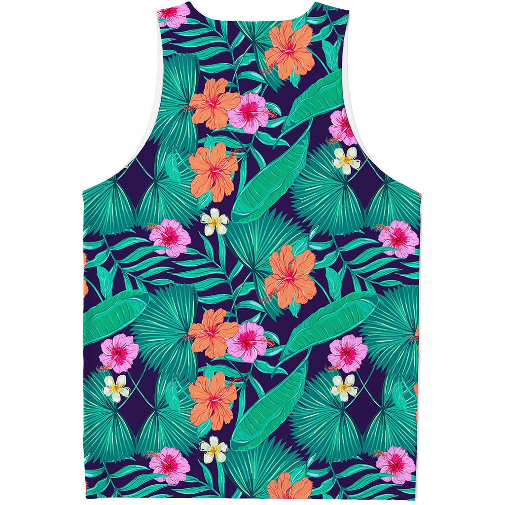 Teal Hawaiian Leaf Flower Pattern Print Men's Tank Top