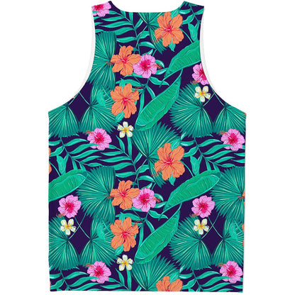 Teal Hawaiian Leaf Flower Pattern Print Men's Tank Top
