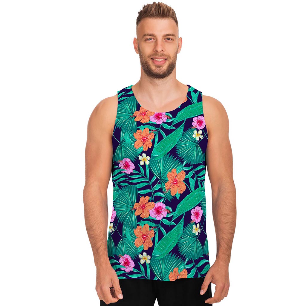 Teal Hawaiian Leaf Flower Pattern Print Men's Tank Top