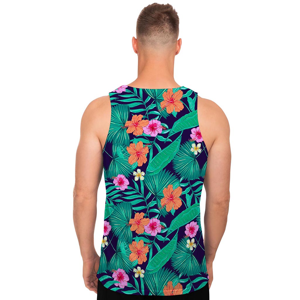 Teal Hawaiian Leaf Flower Pattern Print Men's Tank Top