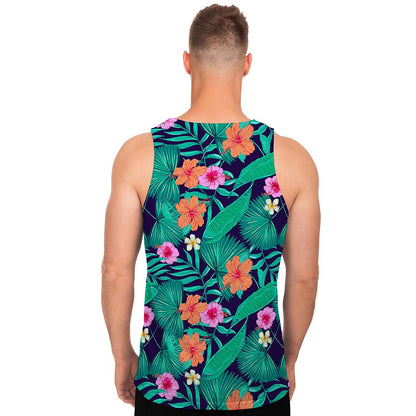 Teal Hawaiian Leaf Flower Pattern Print Men's Tank Top