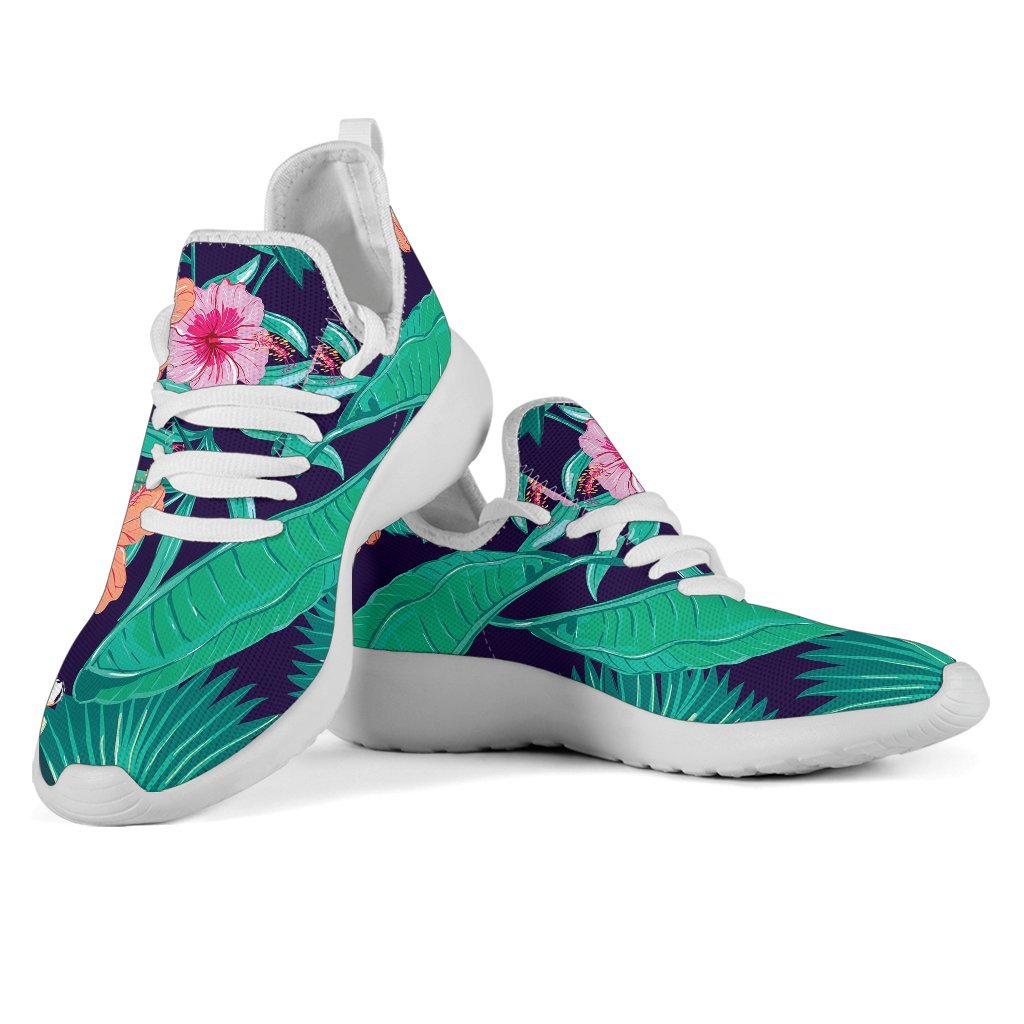 Teal Hawaiian Leaf Flower Pattern Print Mesh Knit Shoes GearFrost