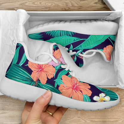 Teal Hawaiian Leaf Flower Pattern Print Mesh Knit Shoes GearFrost