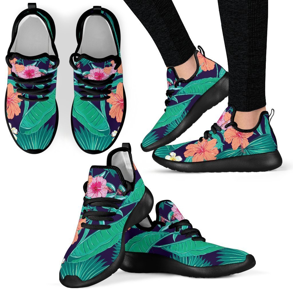 Teal Hawaiian Leaf Flower Pattern Print Mesh Knit Shoes GearFrost