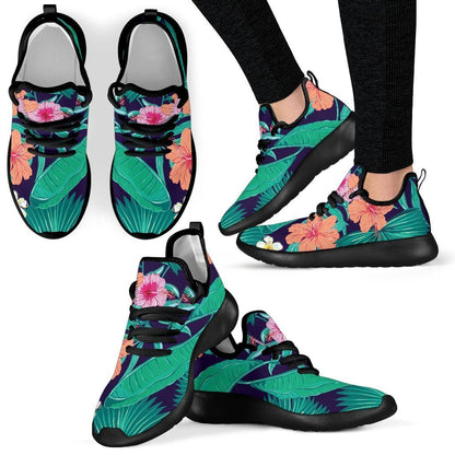 Teal Hawaiian Leaf Flower Pattern Print Mesh Knit Shoes GearFrost