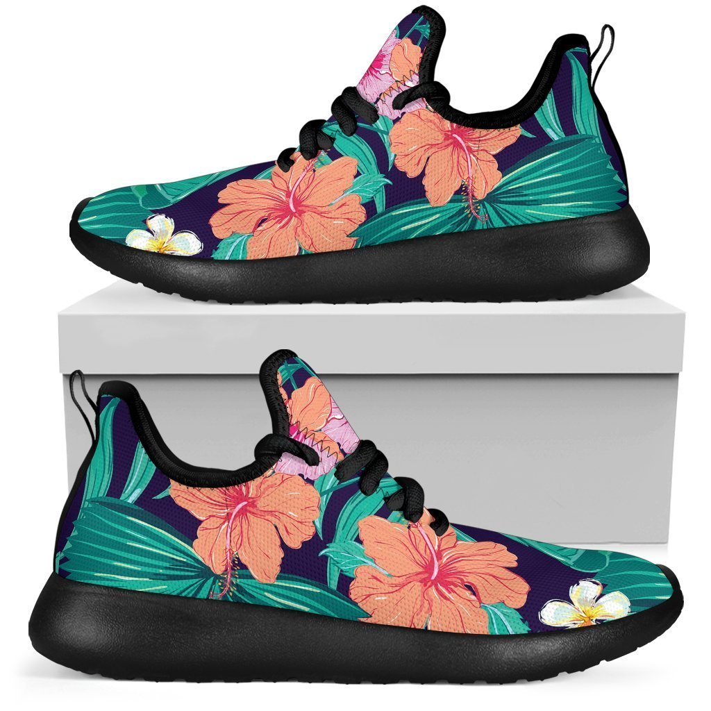 Teal Hawaiian Leaf Flower Pattern Print Mesh Knit Shoes GearFrost