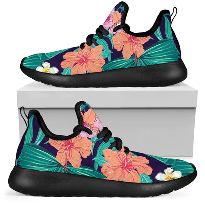 Teal Hawaiian Leaf Flower Pattern Print Mesh Knit Shoes GearFrost