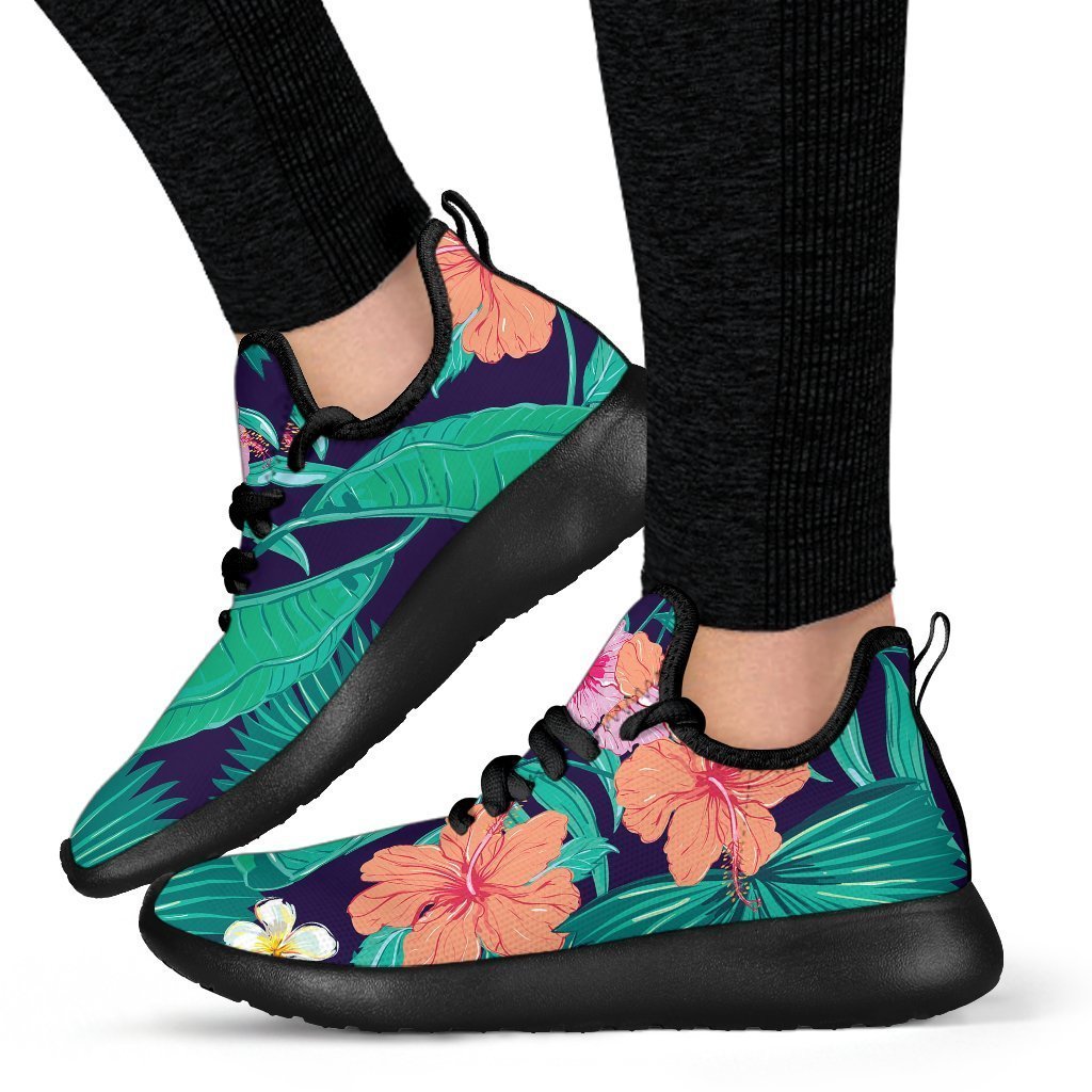 Teal Hawaiian Leaf Flower Pattern Print Mesh Knit Shoes GearFrost