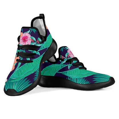 Teal Hawaiian Leaf Flower Pattern Print Mesh Knit Shoes GearFrost
