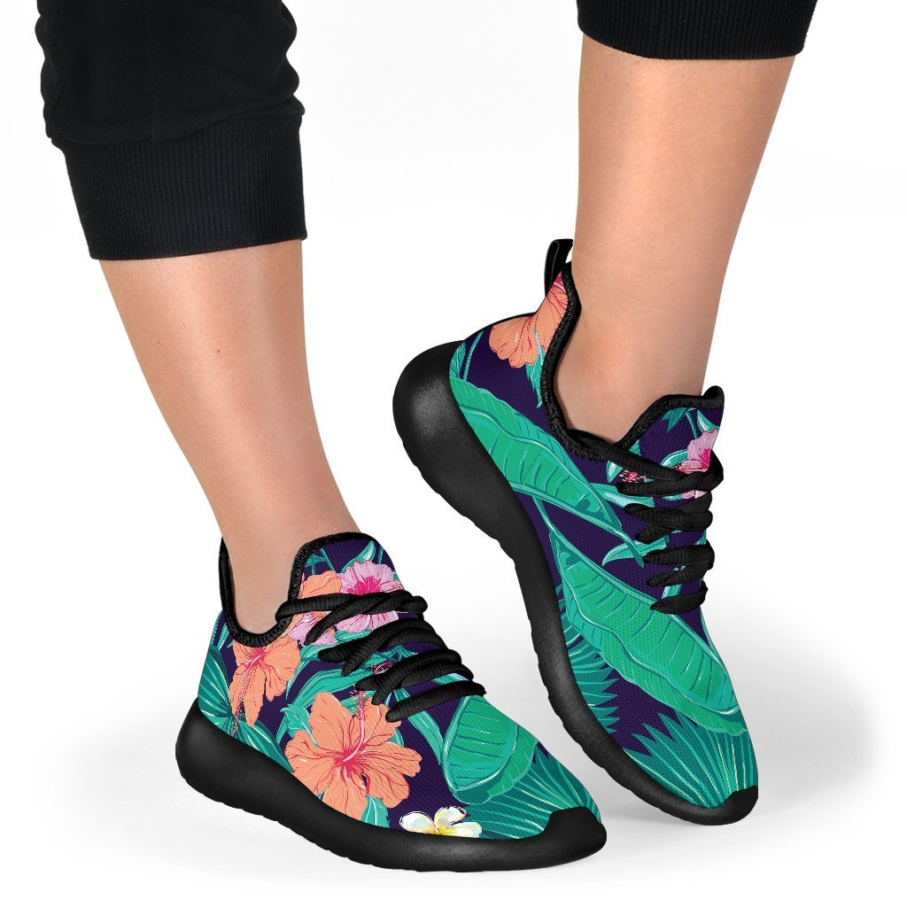 Teal Hawaiian Leaf Flower Pattern Print Mesh Knit Shoes GearFrost