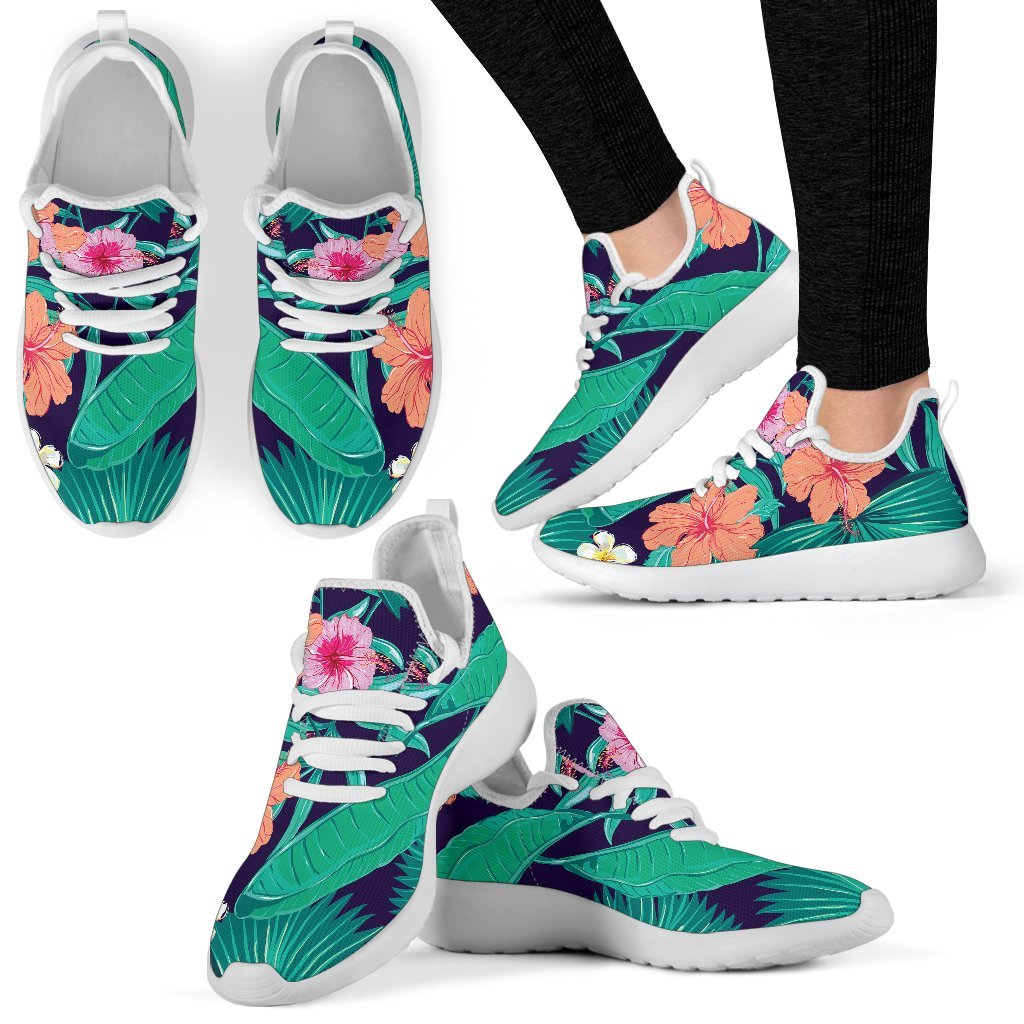 Teal Hawaiian Leaf Flower Pattern Print Mesh Knit Shoes GearFrost