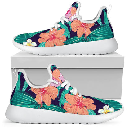 Teal Hawaiian Leaf Flower Pattern Print Mesh Knit Shoes GearFrost