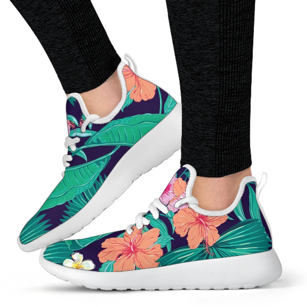 Teal Hawaiian Leaf Flower Pattern Print Mesh Knit Shoes GearFrost