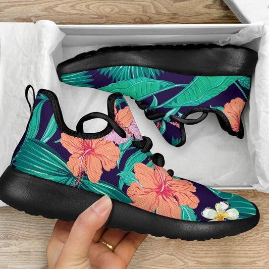 Teal Hawaiian Leaf Flower Pattern Print Mesh Knit Shoes GearFrost