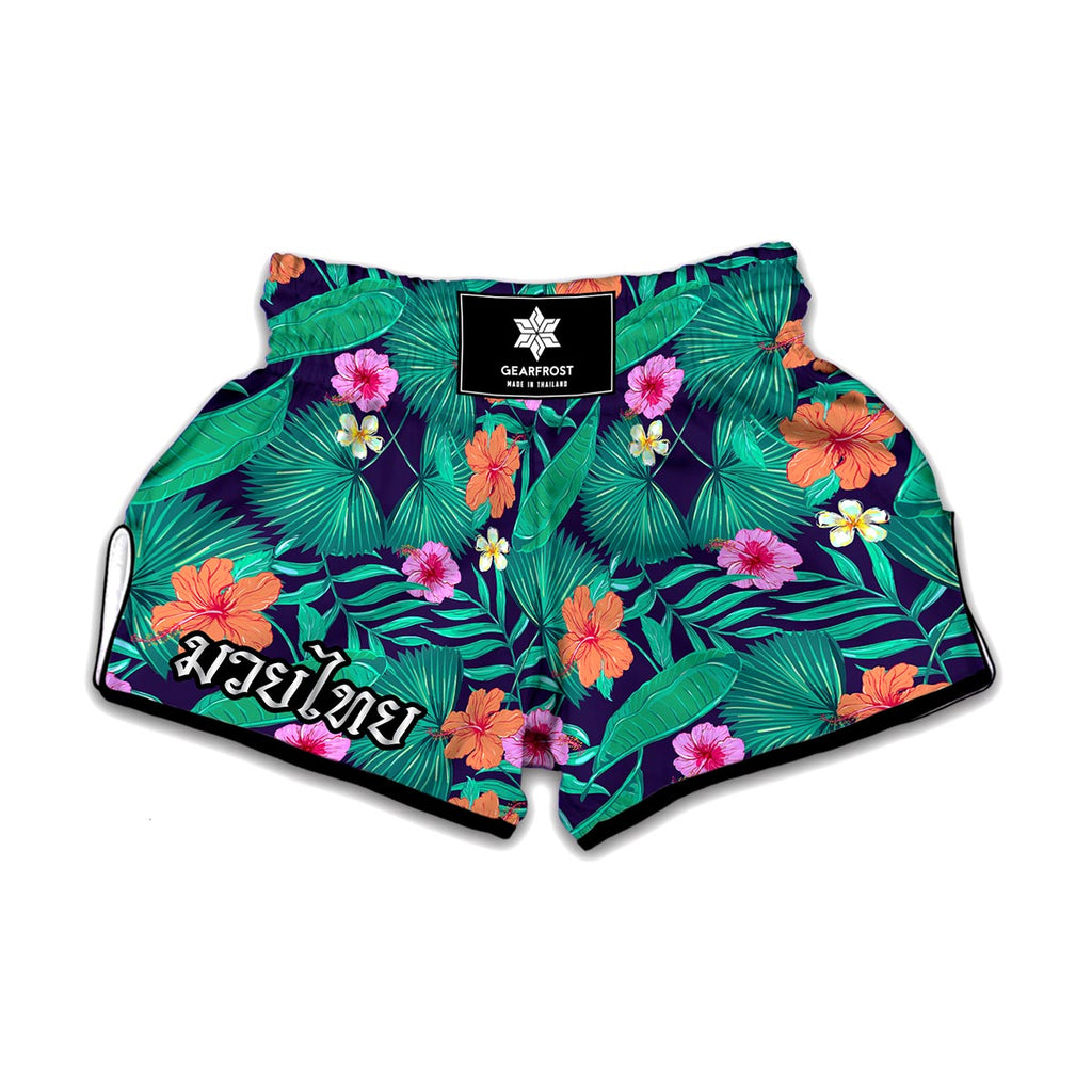 Teal Hawaiian Leaf Flower Pattern Print Muay Thai Boxing Shorts