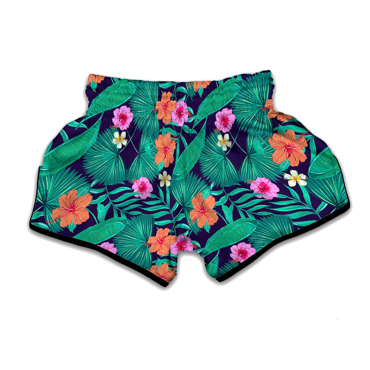 Teal Hawaiian Leaf Flower Pattern Print Muay Thai Boxing Shorts