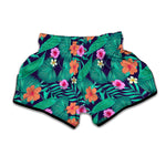 Teal Hawaiian Leaf Flower Pattern Print Muay Thai Boxing Shorts