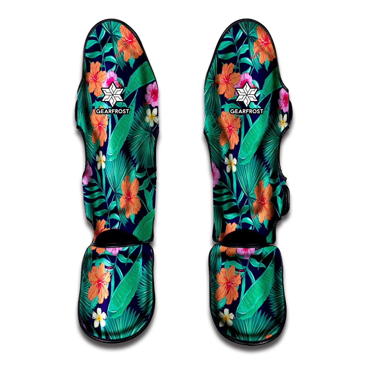 Teal Hawaiian Leaf Flower Pattern Print Muay Thai Shin Guard