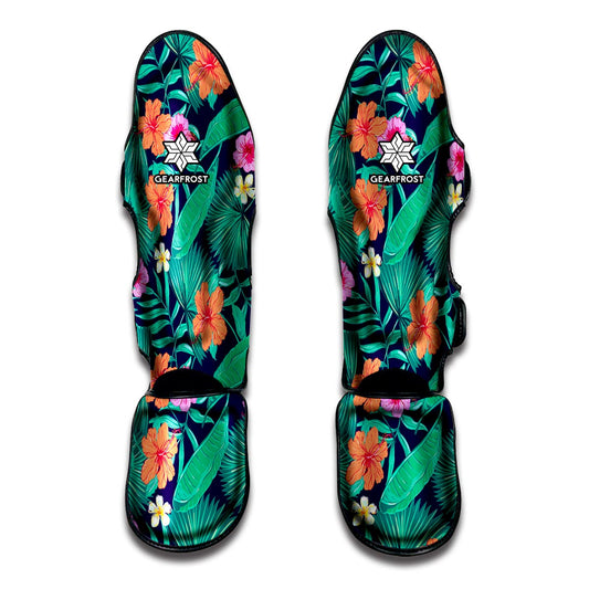 Teal Hawaiian Leaf Flower Pattern Print Muay Thai Shin Guard